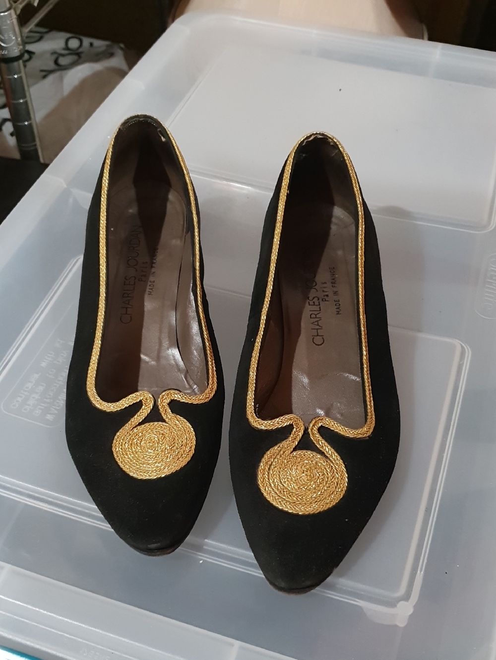Charles Jourdan Black Suede Pumps with Gold Embroidered Medallion